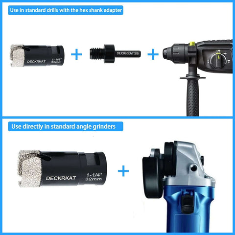 Diamond core drill bit 1-1/4 in (32 mm), vacuum-brazed for granite/porcelain; includes hex shank adapter for drills