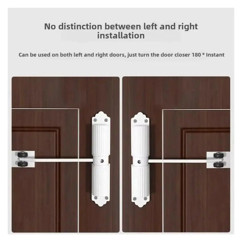 Two doors with 180 Degree Adjustable Door Closer With Hydraulic Damping, white, symmetric installation, showing versatility.