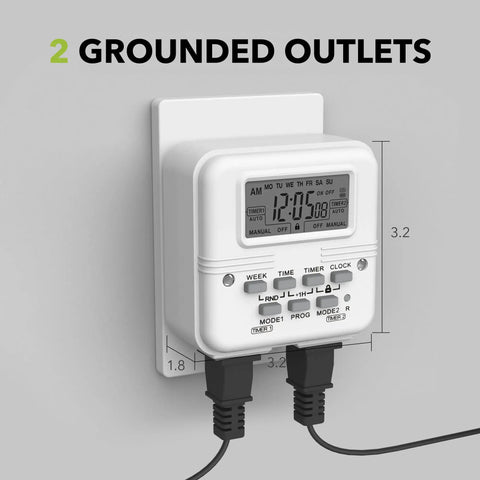 Indoor Digital Light Timer With 7 Day Programmable Plug In Dual 3 Prong Outlets For Lamps And Fans, Independent On Off Settings, Energy Saving, ETL Listed, 15 Amp, 1875 Watt, 1 Pack