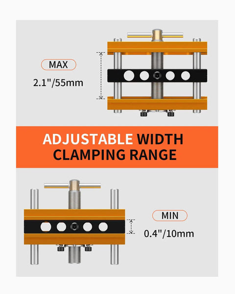 Self Centering Doweling Jig Kit showing adjustable clamping range, gold finish with 2.1 inch maximum width and 0.4 inch minimum.