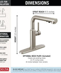 Sleek Brushed Nickel Kitchen Faucet With Pullout Sprayer And Single Handle, dimensions graphic showing height and spout reach.