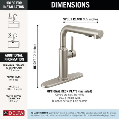 Sleek Brushed Nickel Kitchen Faucet With Pullout Sprayer And Single Handle, dimensions graphic showing height and spout reach.