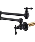 Bronze Pot Filler Faucet Wall Mount With Dual Swing Joints And 24 Inch Extension Oil Rubbed Bronze Finish Water On Demand For Stove Top ICCES PMG Certified ASME A112 18 1 CSA B125 1 2018 Compliant, showing dual swing joints and wall mount.