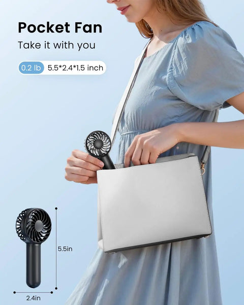 Mini Portable Handheld Fan With 3 Speeds USB Rechargeable Personal Fan fits into a purse, ideal for travel and outdoor use.