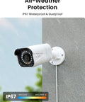 Outdoor bullet camera mounted on wall, part of 8 Channel 4K PoE Security Camera System With 6 Outdoor Bullet Cameras, IP67 waterproof, dustproof.