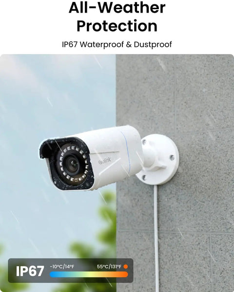 Outdoor bullet camera mounted on wall, part of 8 Channel 4K PoE Security Camera System With 6 Outdoor Bullet Cameras, IP67 waterproof, dustproof.