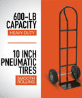 Heavy Duty Steel Pneumatic Hand Truck Dolly With 600 Lb Capacity For Moving Heavy Boxes And Equipment On Grass Gravel And Concrete, 10-inch tires