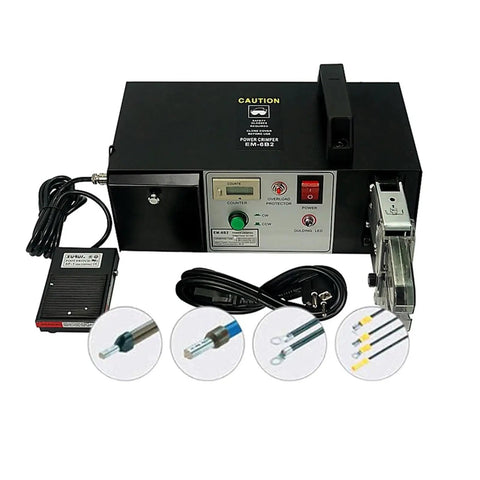 No Nonsense Heavy Duty Electric Terminal Crimping Machine With Seven Interchangeable Dies 90 Watt Motor with foot pedal control.