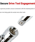 Go-To Universal Joint Set, 3-Piece With 1/4, 3/8, And 1/2 Inch Drives, chrome plated socket showing detent grooves for secure engagement