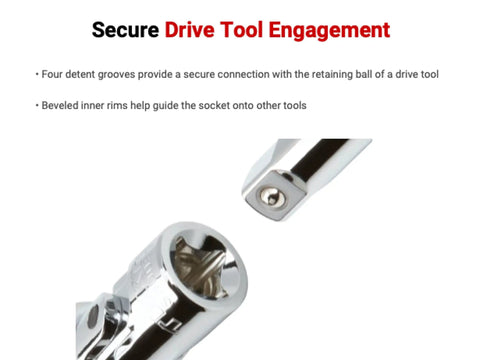 Go-To Universal Joint Set, 3-Piece With 1/4, 3/8, And 1/2 Inch Drives, chrome plated socket showing detent grooves for secure engagement