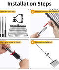 Installation steps for Beefy Adjustable Long Handle Pitch Fork For Garden And Farm Work, Rustproof Heavy Duty Hay Fork With Durable Steel Construction, 65 Inch Length, Perfect For Hay Stacks, Grass, Stable Cleaning, Horse Stall Maintenance showing packaging and assembly process.