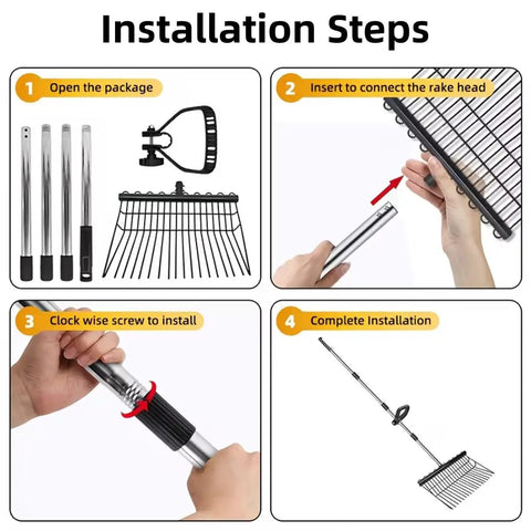 Installation steps for Beefy Adjustable Long Handle Pitch Fork For Garden And Farm Work, Rustproof Heavy Duty Hay Fork With Durable Steel Construction, 65 Inch Length, Perfect For Hay Stacks, Grass, Stable Cleaning, Horse Stall Maintenance showing packaging and assembly process.