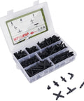Front view of WISSXNA 300-piece drip irrigation fittings kit in clear plastic box; black 1/4 in barbed connectors