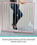 Hardware Mounted Metal Baby Gate For Stairs And Doorways, Walk Through Child Safety Barrier With Zero Threshold, Adjustable Up To Forty Inches Wide, Thirty Inches Tall, Crisp White being used to block an entryway.
