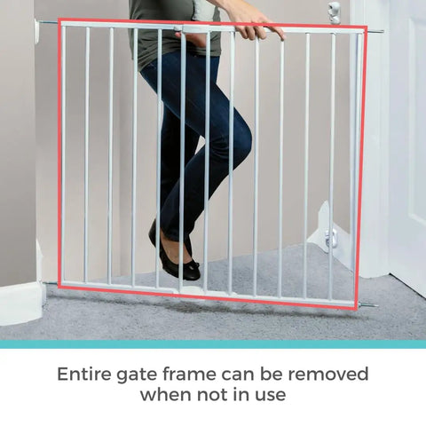Hardware Mounted Metal Baby Gate For Stairs And Doorways, Walk Through Child Safety Barrier With Zero Threshold, Adjustable Up To Forty Inches Wide, Thirty Inches Tall, Crisp White being used to block an entryway.
