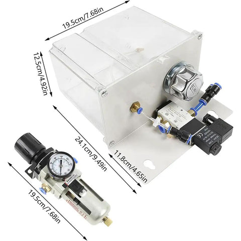 Heavy Duty No Sweat Coolant Spray Pump Kit With Dual Nozzle Lubrication System For Cnc Lathe Milling And Drilling Machines showing the reservoir and pressure regulator.