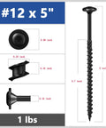 Heavy Duty Black Lag Screws Twenty Four Pack Size Twelve By Five Inch Structural Wood Screws with dimensions and washer head details.