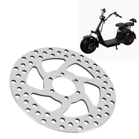 Metal Brake Disc Replacement for Electric Scooters with wear-resistant build shown with scooter for daily city rides in varied weather.