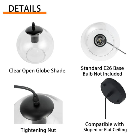 Industrial Farmhouse Globe Pendant Light Fixture With Adjustable Cord Black Hanging Ceiling Chandelier details close-up