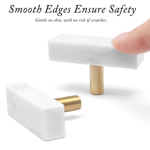 Sweet Finish T-Shaped Marble Cabinet Knobs With Brushed Brass Base, sharp drawer pulls showcasing smooth white marble edges.