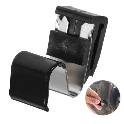 ETHZZLE gas tank door spring clip replacement; black plastic with metal spring; front view with inset installation.
