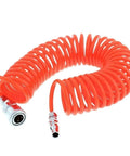 Heavy Duty Spiral Coil Air Compressor Hose Six Meter Length Bright Orange Flexible Pneumatic Tool Hose coiled design with metal fittings.