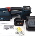Automatic Electric Strapping Machine With 4000mha Battery For 1/2 To 5/8 In PP PPT Straps showing handheld device, battery, charger, and manual.