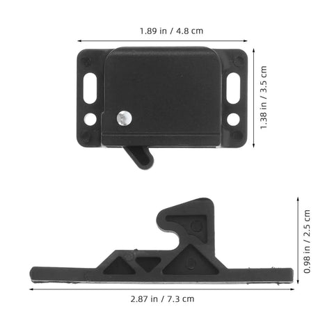 RV Cabinet Latches Set Push To Close Drawer And Door Latch No Drilling Required, dimensions shown, durable ABS material.