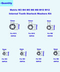 Industrial Starlock Push On Washers Assortment Kit 285 Pieces showing sizes M3 to M12 with quantities and dimensions.