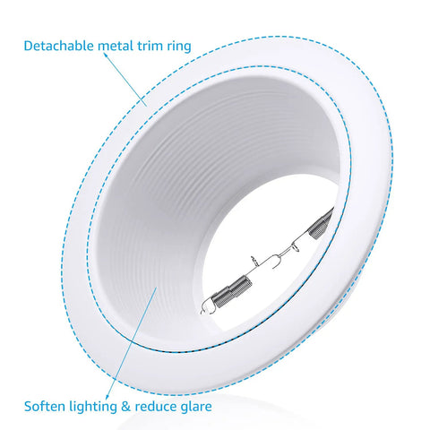 6 Inch White Recessed Light Trim With Detachable Ring And Step Baffle, Full Metal For 6 Inch Recessed Can, DIY Friendly Retrofit To Halo Or Juno Remodel Housing, Covers Gaps And Softens Glare, visible from side angle showing interior baffle and ring.