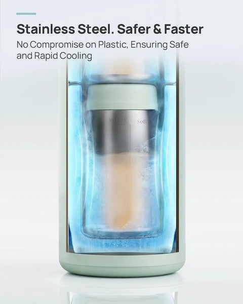 Portable Breastmilk Cooler Bag Featuring 360 Degree Ice Chambers That Keep Your Stash Chill Below Forty Degrees Fahrenheit Comes With Premium Stainless Steel Feeding Bottles A Total Game Changer For Busy Nursing Moms On The Move, showing stainless steel bottle surrounded by cooling ice.