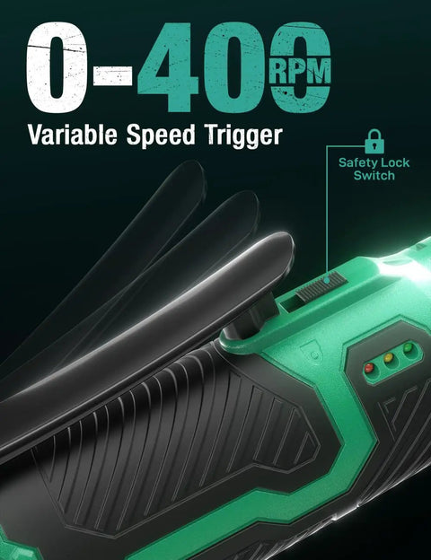 Close-up of Extended Cordless Electric Ratchet Wrench Kit, 12V, featuring variable speed trigger and safety lock switch at 400 RPM.