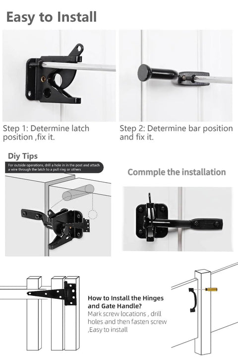 Wood Gate Hardware Set Heavy Duty 6 Inch Tee Hinge And Pull Kit installation guide with black finish and screws.