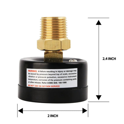 Well Pump Pressure Gauge With Two Inch Dial For Do It Yourself Water Testing Zero To Two Hundred Psi Per Bar One Quarter Inch Npt Male One Half Inch Npt Adaptor Back Mount Brass Wetted Parts Black Steel Case High Accuracy, showing 2-inch diameter and 2.4-inch height.