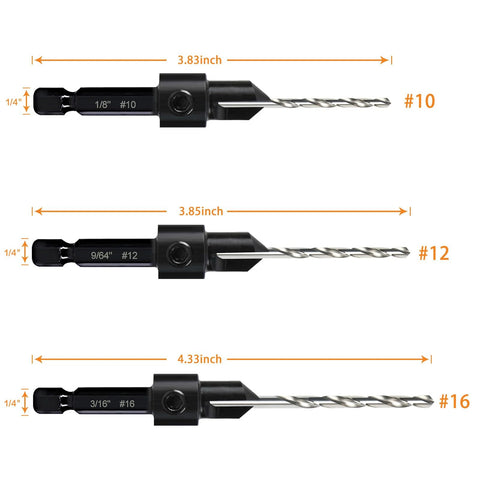 Side view of 3-pack countersink drill bits with 1/4-in hex shanks, sizes #10, #12, #16; includes Allen wrench.