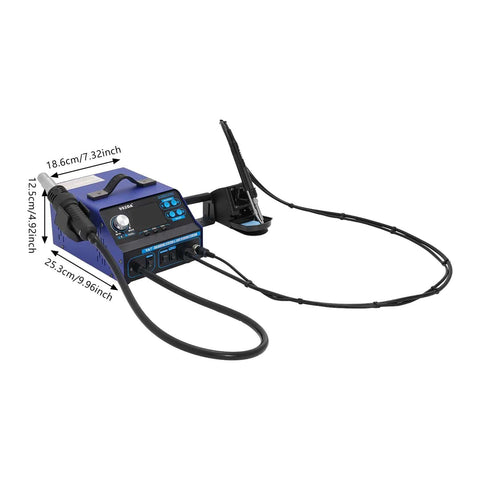 Hot Air Rework Station With 5 Nozzles, 780W Desoldering Power, LCD display, and control panel, with size dimensions shown.
