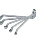 Five-piece deep offset metric box end wrench set with 45-degree angled ends in chrome finish, ideal for tight spaces and repairs.