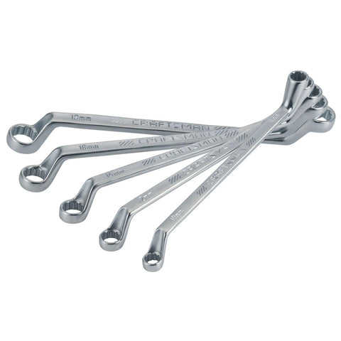 Five-piece deep offset metric box end wrench set with 45-degree angled ends in chrome finish, ideal for tight spaces and repairs.