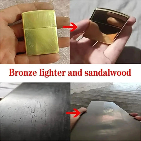 Bronze lighter with a shiny finish held in a hand, next to a smooth sandalwood surface.