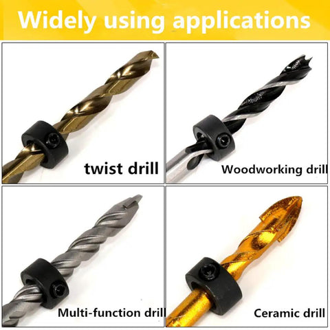 Drill Stop Bit Collar Set With Allen Wrench For Tight Precise Drilling Seven Piece Kit In Sizes From One Eighth To One Half Inch on drill bits
