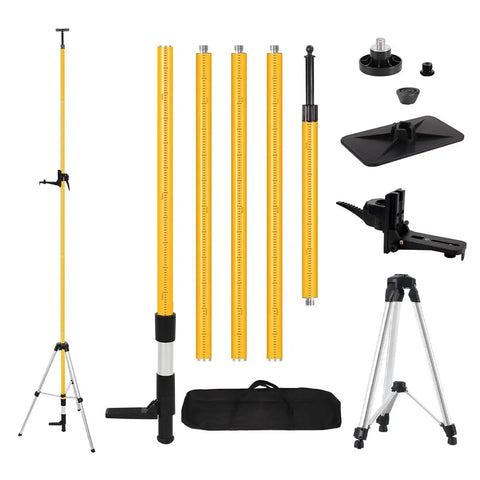 Complete Telescoping Laser Level Pole Kit 12 Ft 3.6 M with adjustable pole, tripod, mount, adapters, and carrying bag.