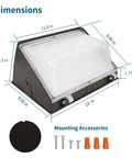 Dimensions of 2-Pack 150W LED Wall Pack Light With Photocell, showing 11.8x9.05x13 inches size and mounting accessories