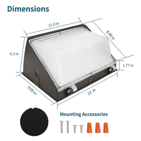 Dimensions of 2-Pack 150W LED Wall Pack Light With Photocell, showing 11.8x9.05x13 inches size and mounting accessories