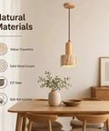 Wood Pendant Light with Natural Travertine Shade, Mini E27 Socket Droplight hanging above a dining table with earthy decor.