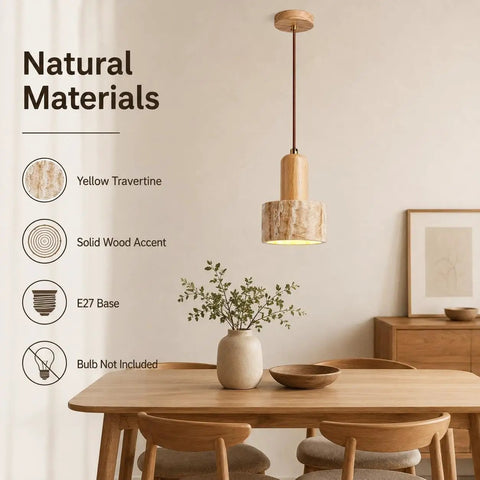 Wood Pendant Light with Natural Travertine Shade, Mini E27 Socket Droplight hanging above a dining table with earthy decor.