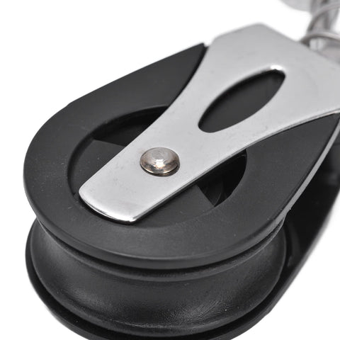Close-up of Marine Grade Swivel Sheave Block Head 316 Stainless Steel And Nylon, Three Eighths Inch Wheel Width with nylon wheel