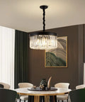 Black Crystal Chandelier Pendant Lighting, 2 Tier Modern Round Ceiling Fixture With Adjustable Height Chain over dining table