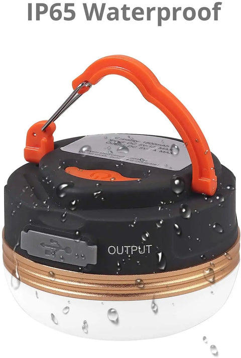 Close-up of IP65 waterproof rechargeable LED camping lantern with 4 light modes, 300 lumens, magnetic base, 1800mAh power bank.