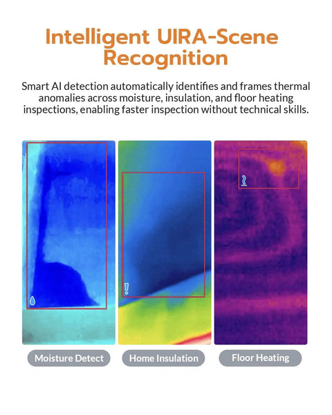 Thermal Imaging Camera With AI Scene Detection And Thermometer Mode For Home And Electrical Inspections, Detect Water Leaks, Insulation Gaps, Floor Heating Faults, Moisture And Solar Panel Issues, No-Fuss Setup Required showing moisture, insulation, and floor heating detection