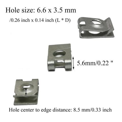 Heavy Duty U Nut Clips And Speed Fasteners 50 Pack Carbon Steel Lock Nuts Rust Resistant Sheet Metal Hardware, hole size 6.6 x 3.5 mm.
